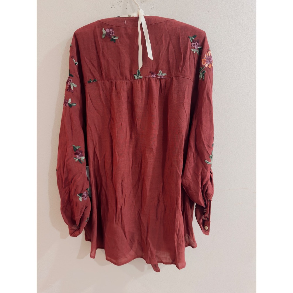Fig and Flower Burgundy Floral Embroidered Tie Front Button Down Top 3X NWT - Picture 8 of 10
